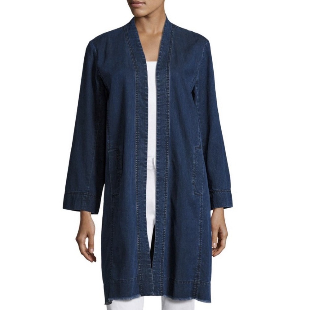 Eileen Fisher Organic Cotton Open Denim Blue Duster Jacket Capsule Neutral Artsy